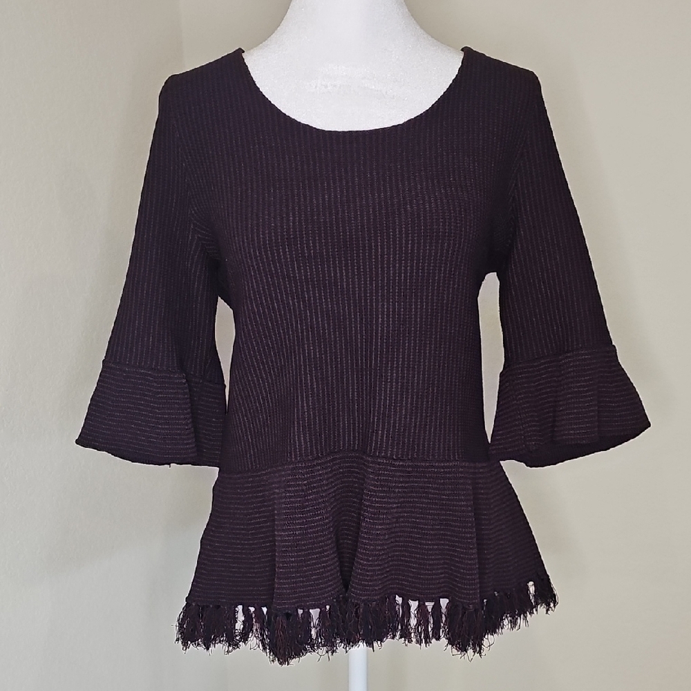 Ann Taylor Purple/Navy Stripe Peplum Sweater Bell Sleeves Fringe Hem Sz M